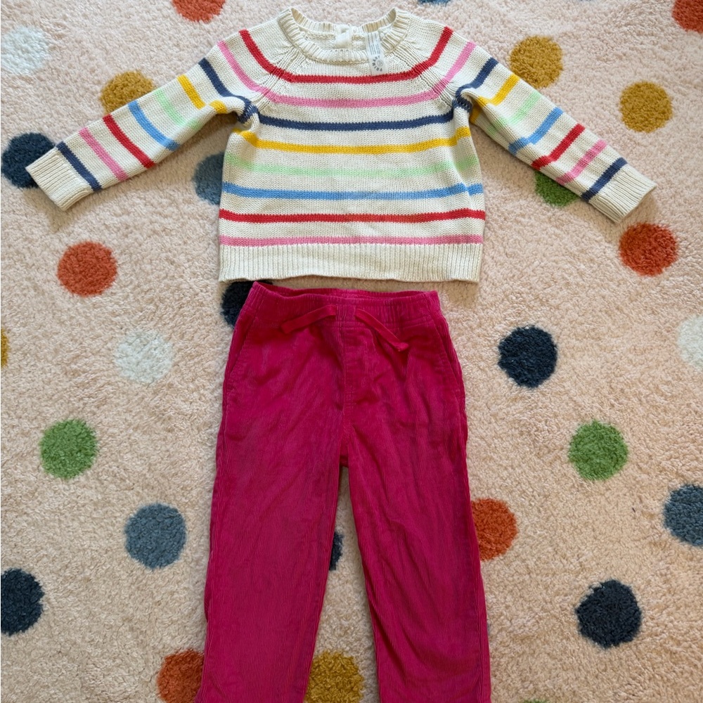 Primary Rainbow Striped Crewneck Sweater and Pink Corduroy Pants